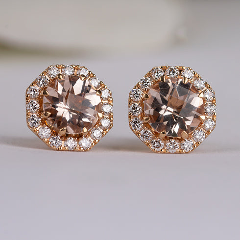 Morganite &amp; Diamond Halo Stud Earrings - .053ct