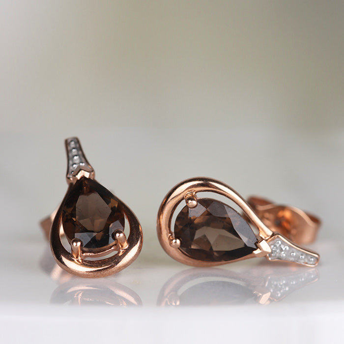 Smokey Quartz Teardrop &amp; Diamond Drop Earrings