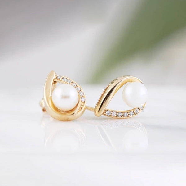 Pearl &amp; Diamond Teardrop Stud Earrings