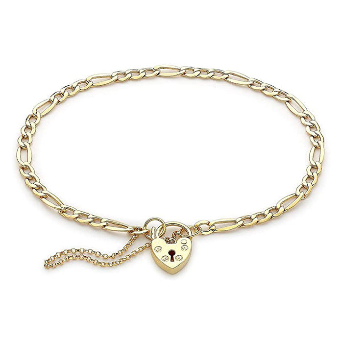 Figaro Chain &amp; Heart Padlock Bracelet