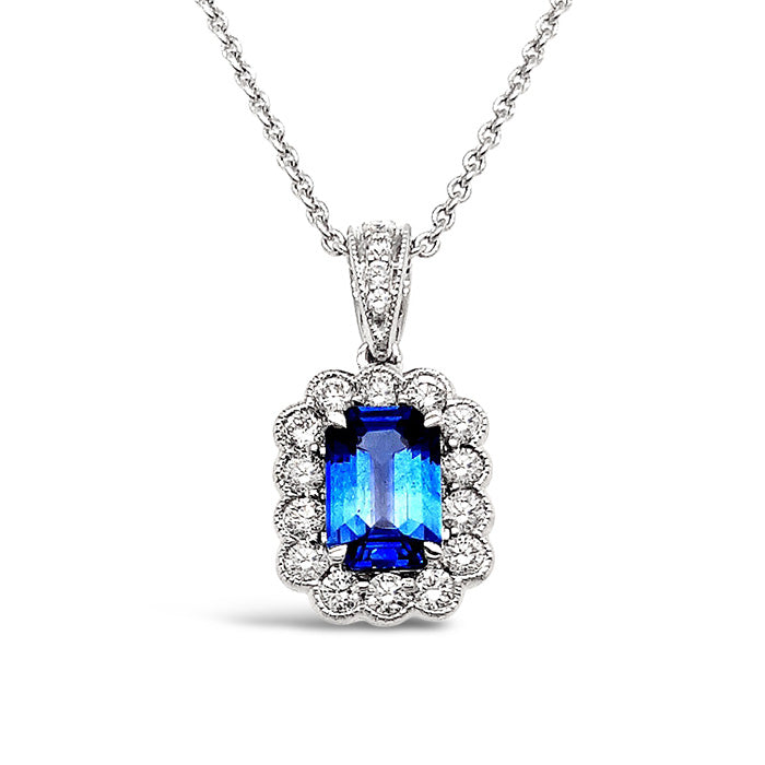 Emerlad Cut Sapphire &amp; Diamond Pendant