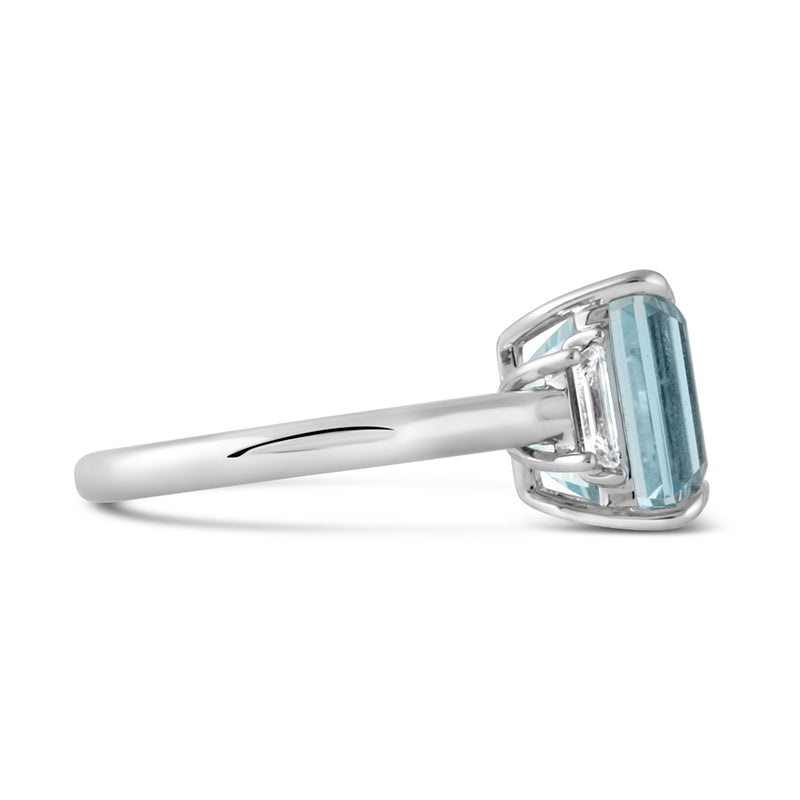 Emerald Cut Aquamarine &amp; Diamond Three Stone Ring