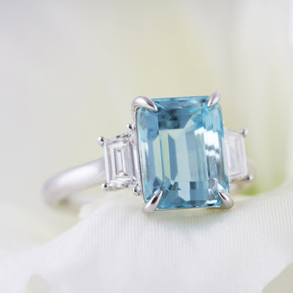 Emerald Cut Aquamarine &amp; Diamond Three Stone Ring