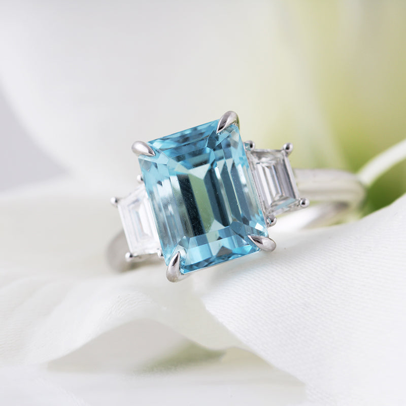 Emerald Cut Aquamarine &amp; Diamond Three Stone Ring