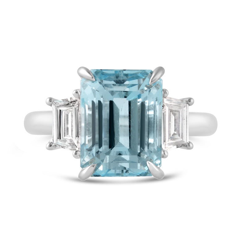 Emerald Cut Aquamarine &amp; Diamond Three Stone Ring