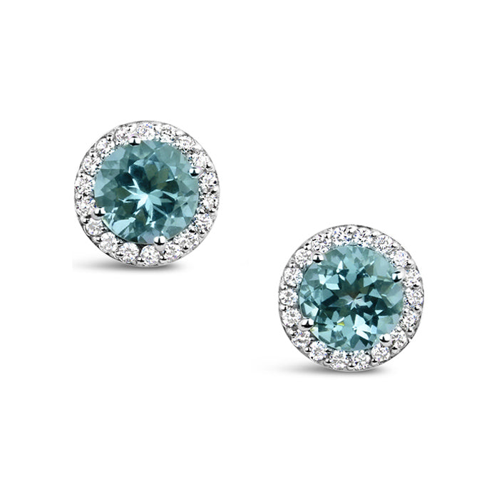 Rocks Round Aquamarine &amp; Diamond Halo Stud Earrings