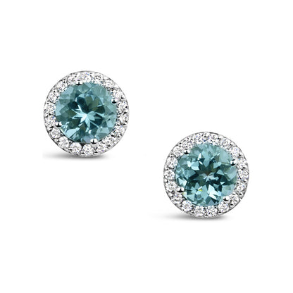 Rocks Round Aquamarine &amp; Diamond Halo Stud Earrings