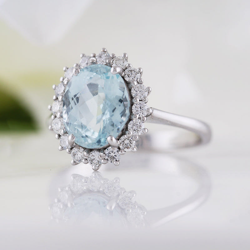Oval Aquamarine &amp; Diamond Cluster Ring