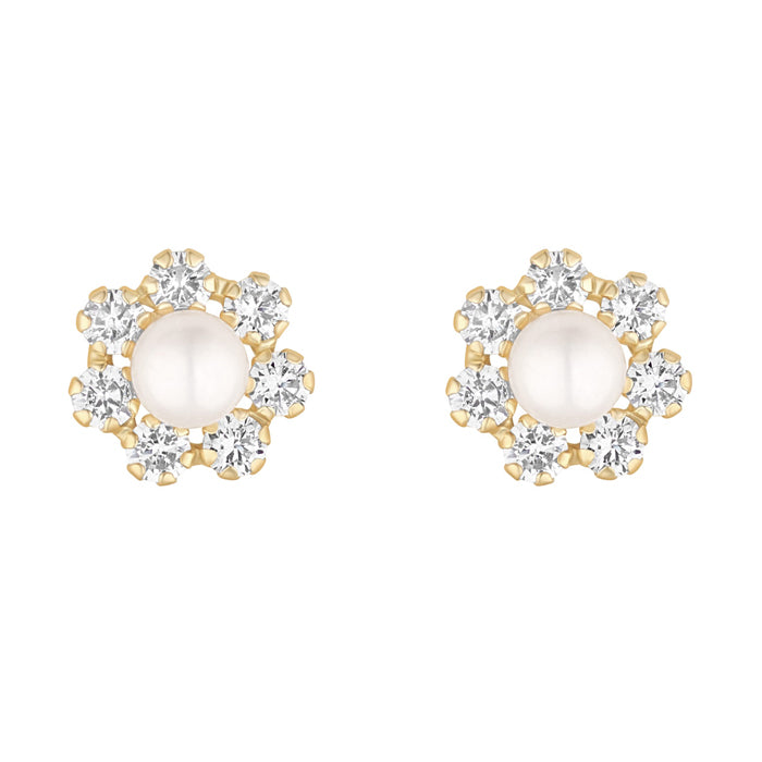 Pearl &amp; White Stone Flower Stud Earrings