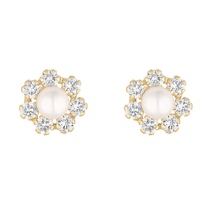 Pearl &amp; White Stone Flower Stud Earrings