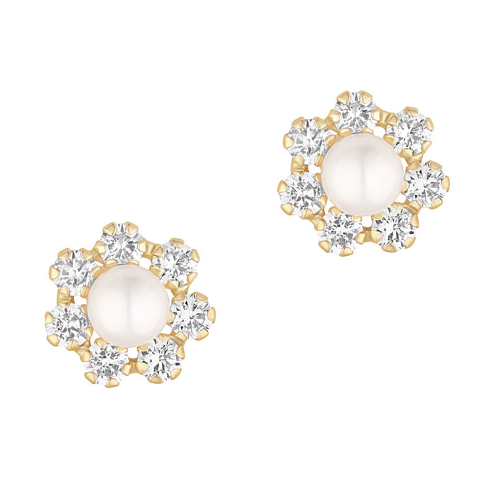 Pearl &amp; White Stone Flower Stud Earrings