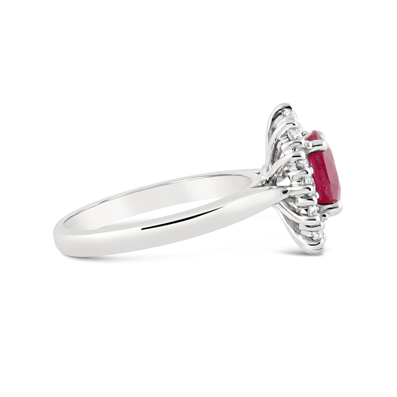 Platinum Oval Ruby &amp; Diamond Cluster Ring
