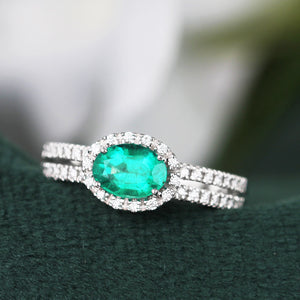 Rocks Emerald & Diamond Double Banded Halo Ring