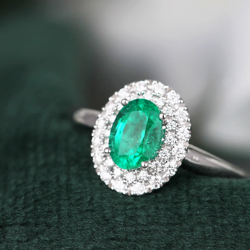 Emerald &amp; Diamond Double Halo Ring