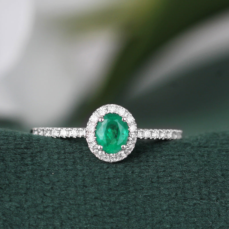 Emerald &amp; Diamond Halo Ring