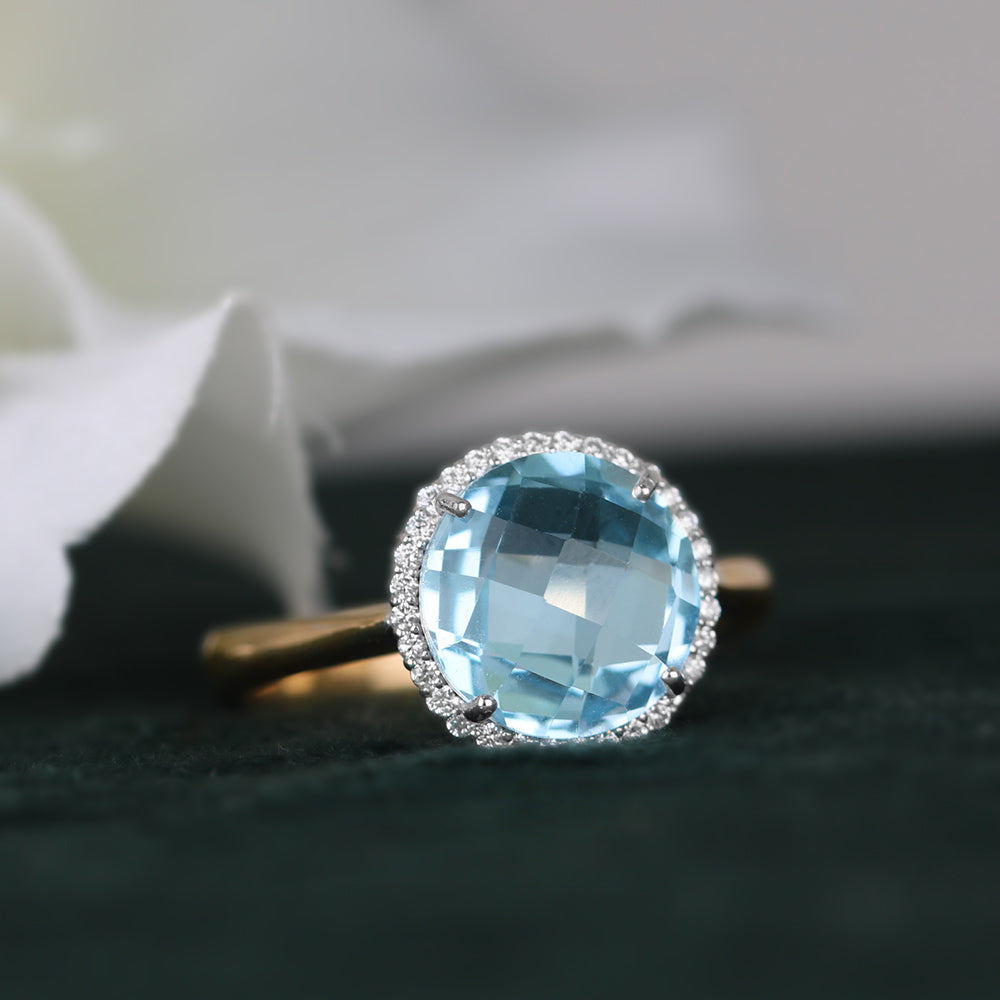 Blue Topaz &amp; Diamond Halo Ring