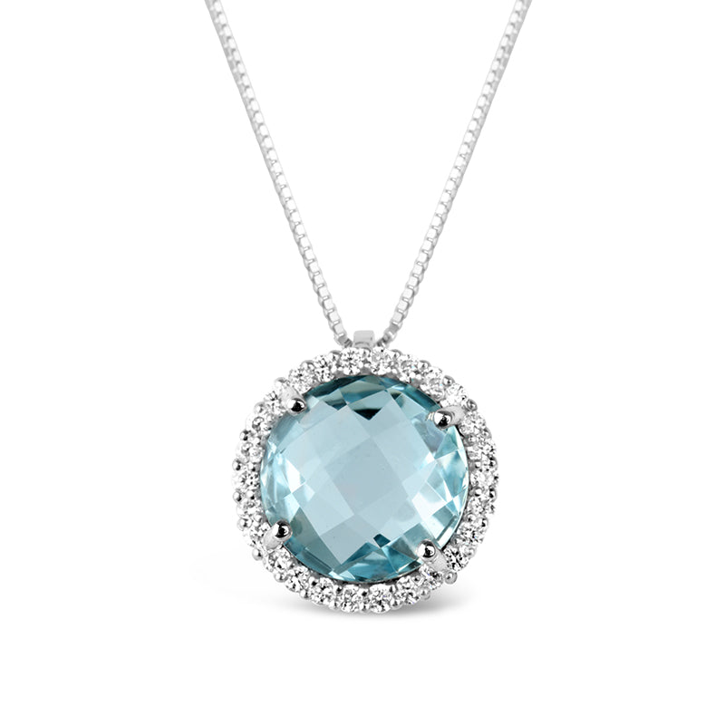 Blue Topaz &amp; Diamond Halo Pendant