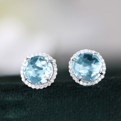 Blue Topaz &amp; Diamond Halo Earrings