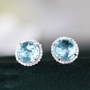 Blue Topaz & Diamond Halo Earrings