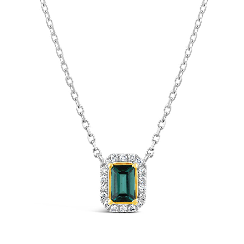 Two Tone Green Tourmaline &amp; Diamond Halo Necklace