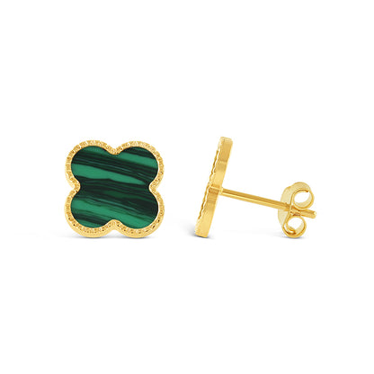 Malachite Quatrefoil Stud Earrings 14mm