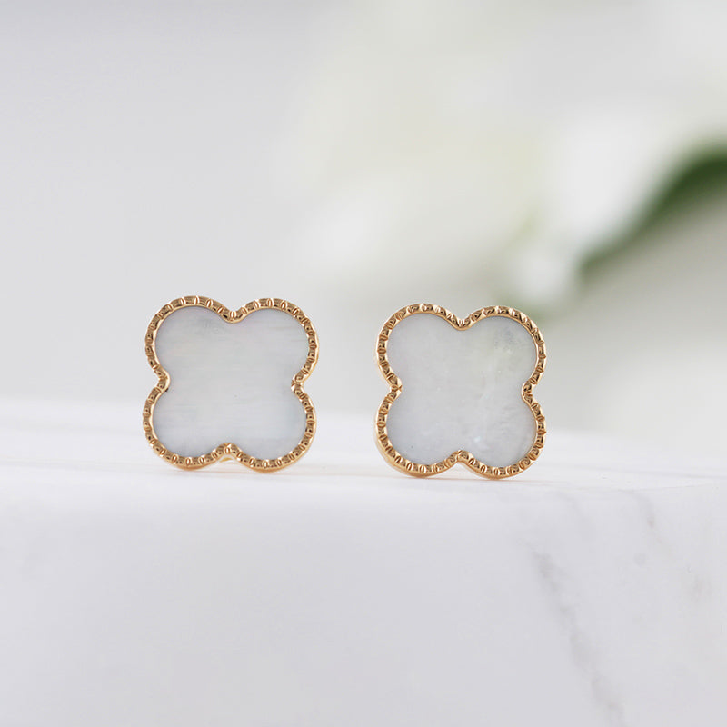 Mother Of Pearl Quatrefoil Stud Earrings 14mm