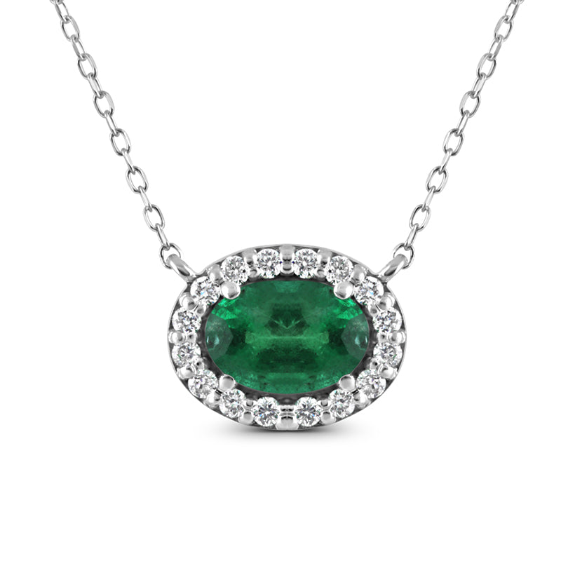 Oval Emerald &amp; Diamond Halo Necklace