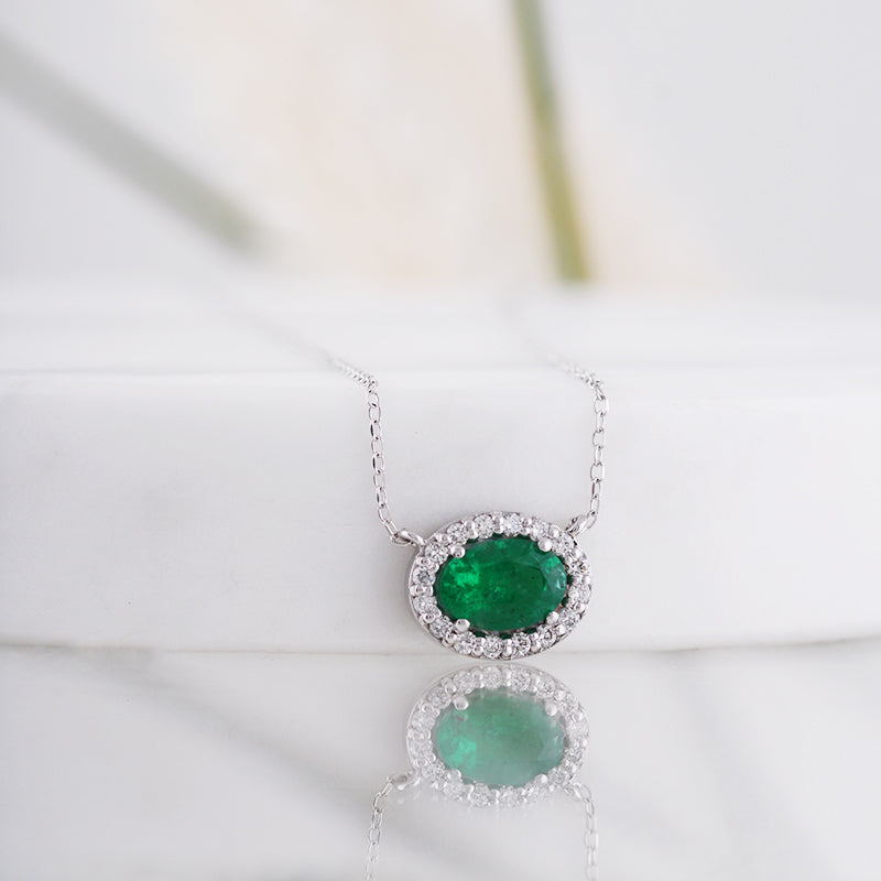 Oval Emerald &amp; Diamond Halo Necklace