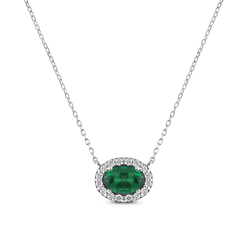 Oval Emerald &amp; Diamond Halo Necklace