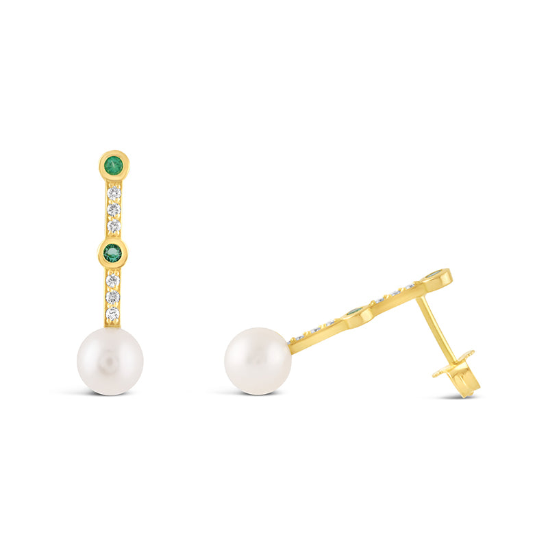 Freashwater Pearl Diamond &amp; Emerald Drop Earrings