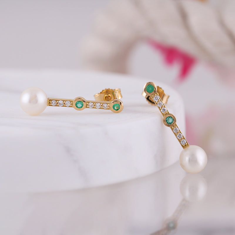 Freashwater Pearl Diamond &amp; Emerald Drop Earrings