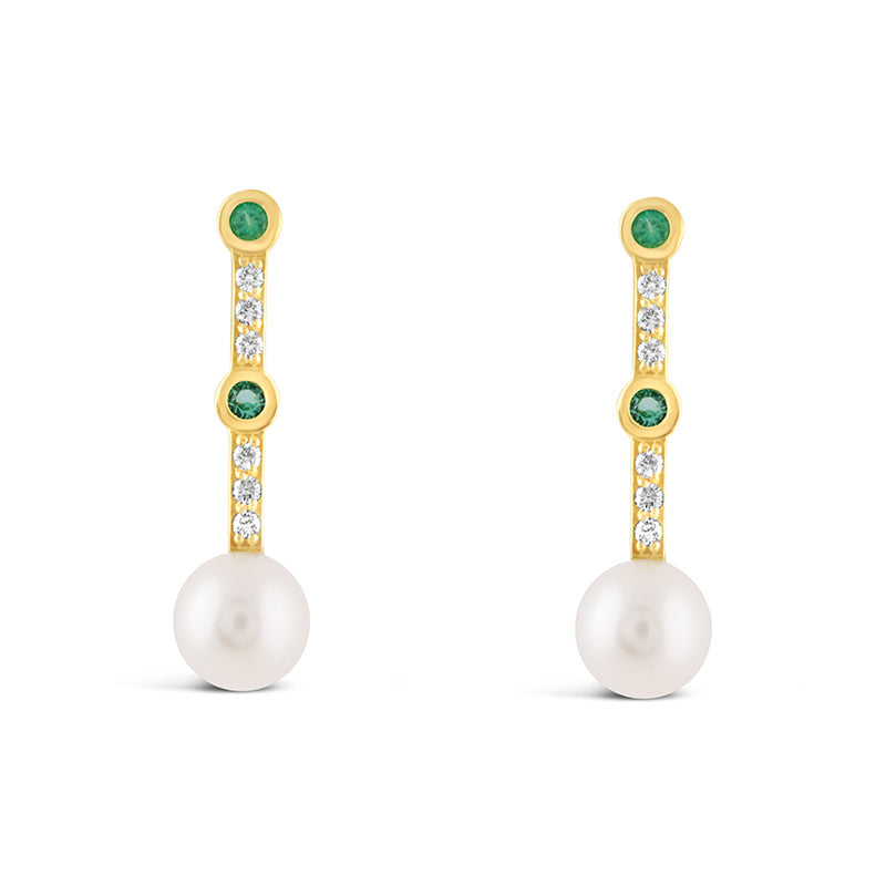 Freashwater Pearl Diamond &amp; Emerald Drop Earrings