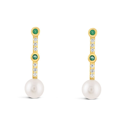 Freashwater Pearl Diamond &amp; Emerald Drop Earrings