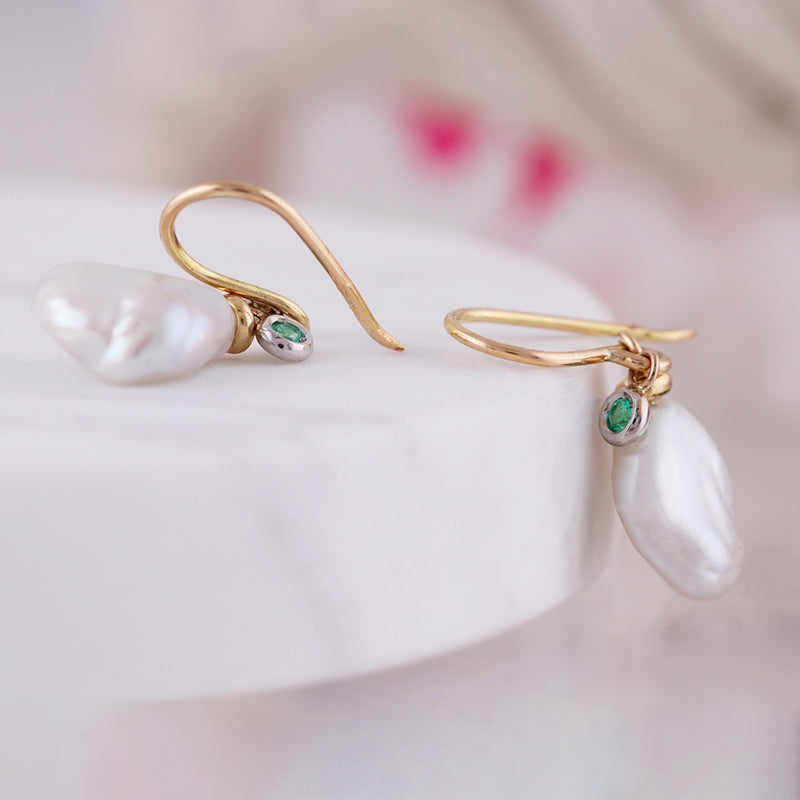 Freshwater Pearl &amp; Emerald Drop Earrings