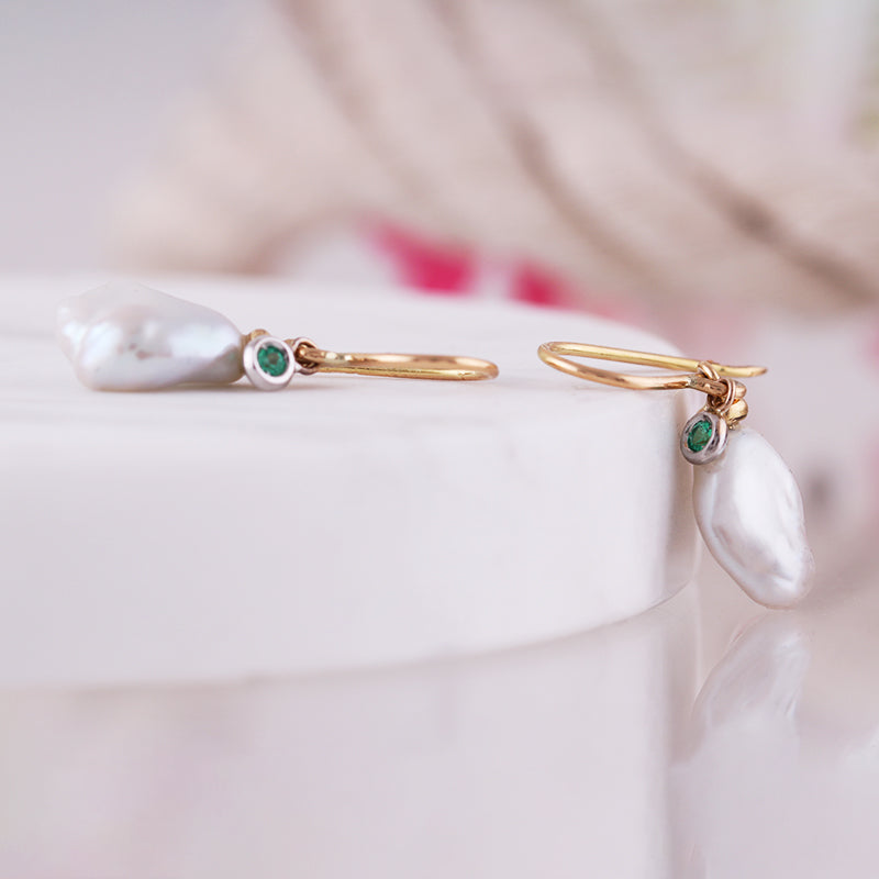 Freshwater Pearl &amp; Emerald Drop Earrings