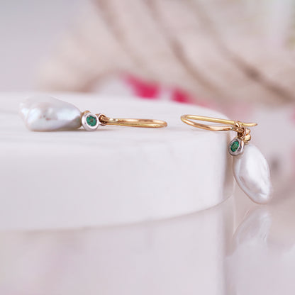 Freshwater Pearl &amp; Emerald Drop Earrings