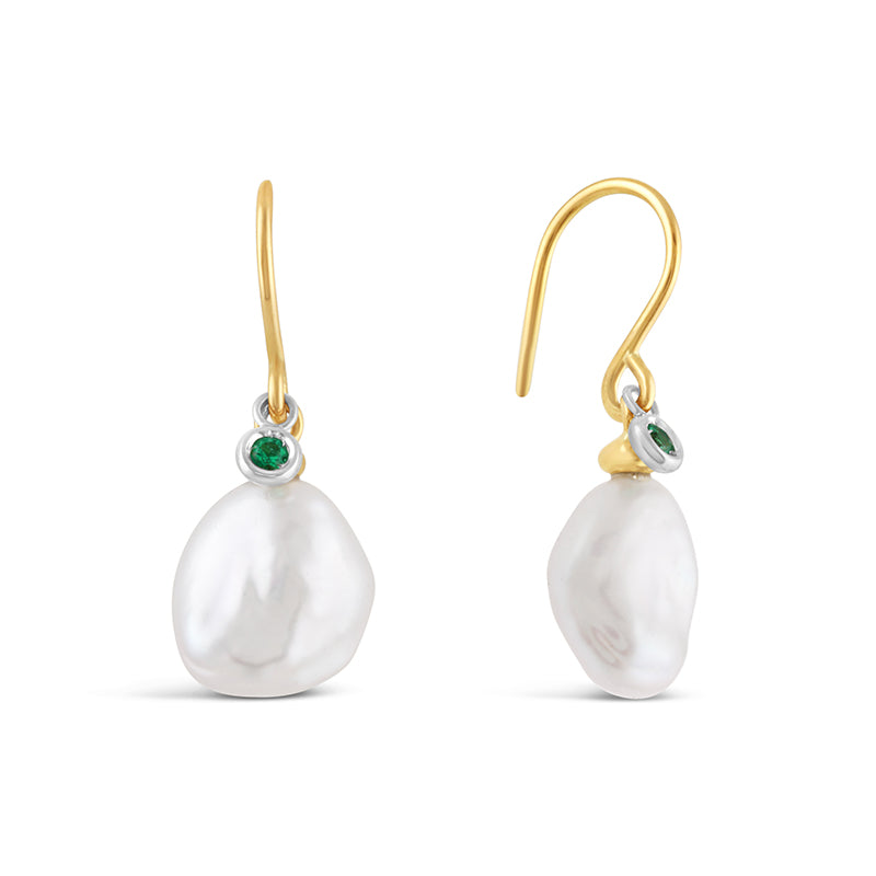 Freshwater Pearl &amp; Emerald Drop Earrings