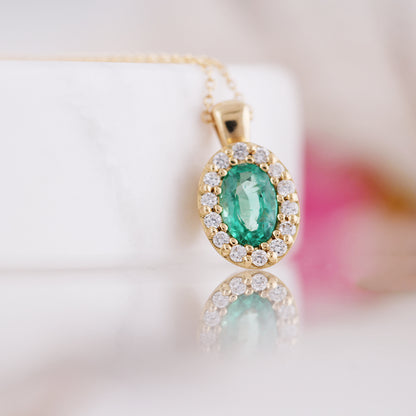 Emerald &amp; Diamond Oval Halo Pendant