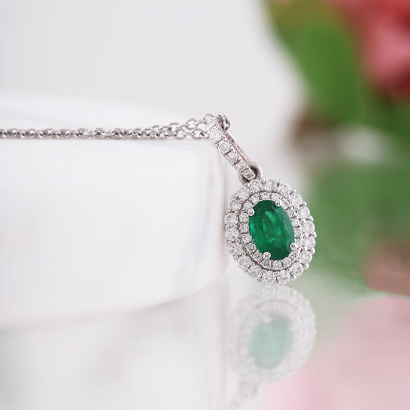 Emerald &amp; Diamond Double Halo Pendant