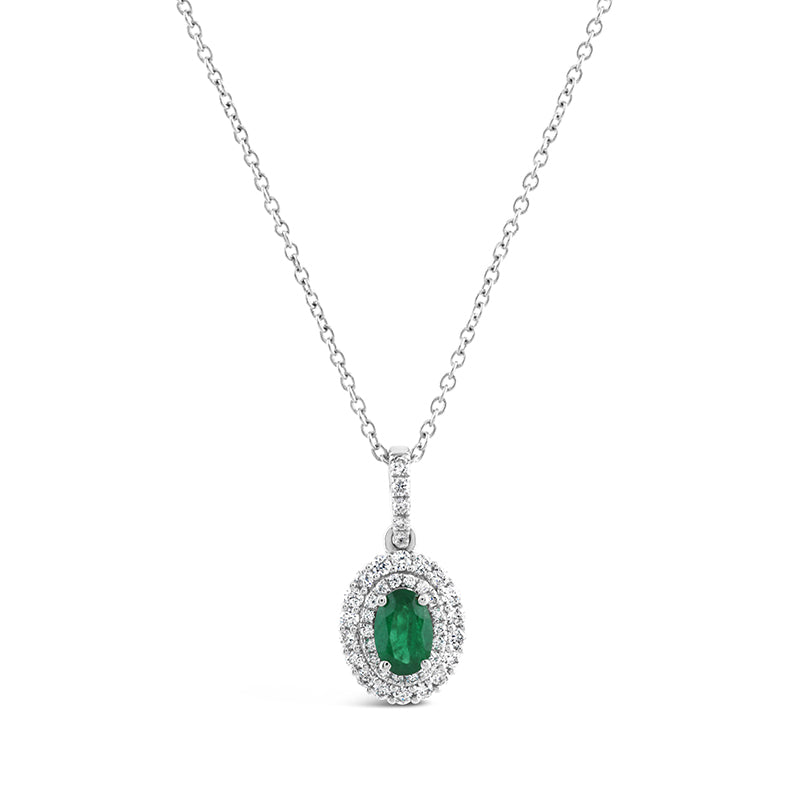 Emerald &amp; Diamond Double Halo Pendant