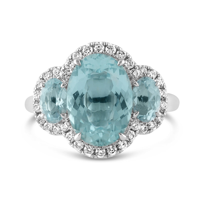 Oval Aquamarine &amp; Diamond Three Stone Halo Ring