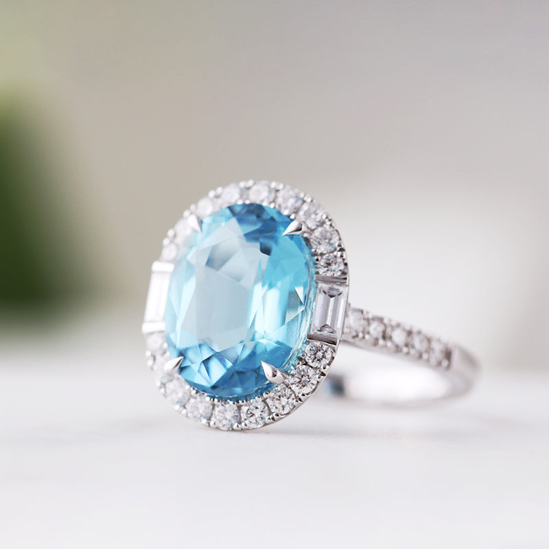 Oval Aquamarine &amp; Diamond Halo Ring