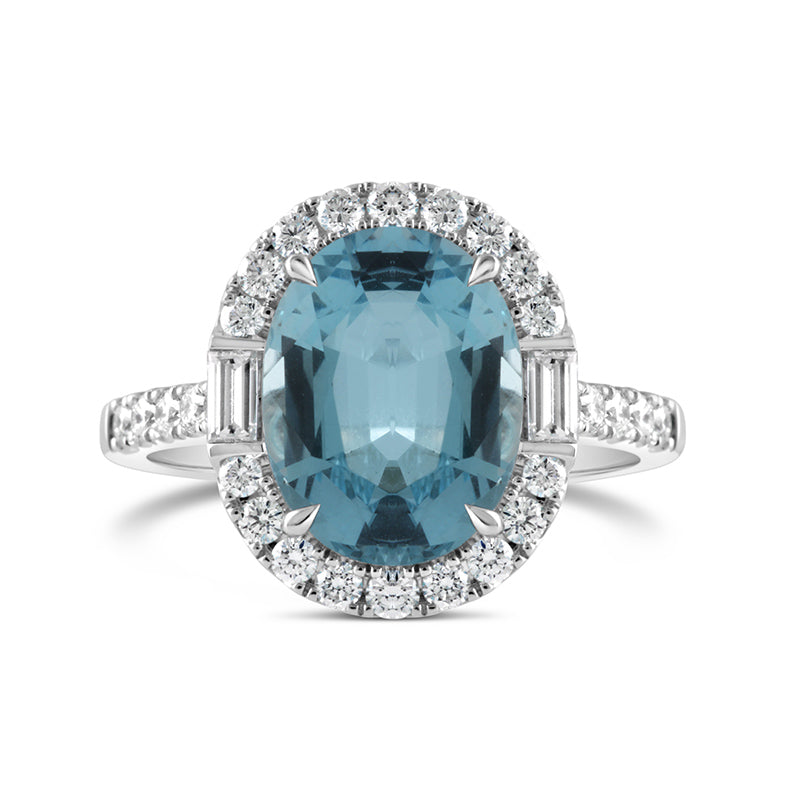 Oval Aquamarine &amp; Diamond Halo Ring