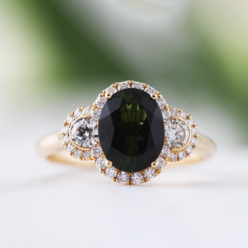 Oval Tourmaline &amp; Diamond Three Stone Halo Ring