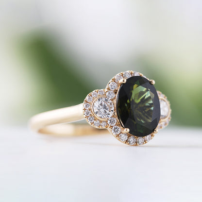 Oval Tourmaline &amp; Diamond Three Stone Halo Ring