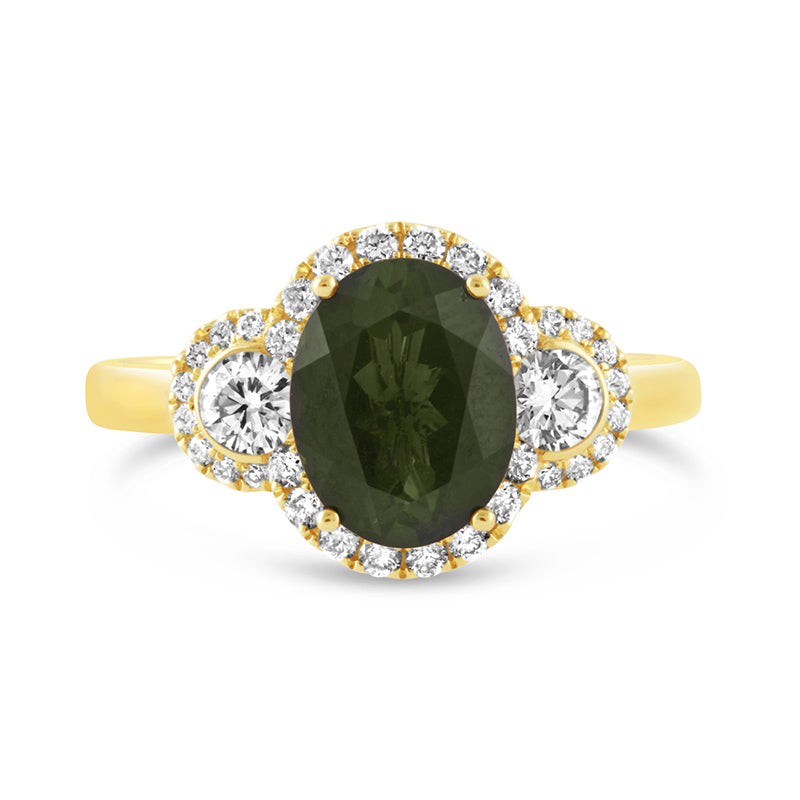 Oval Tourmaline &amp; Diamond Three Stone Halo Ring