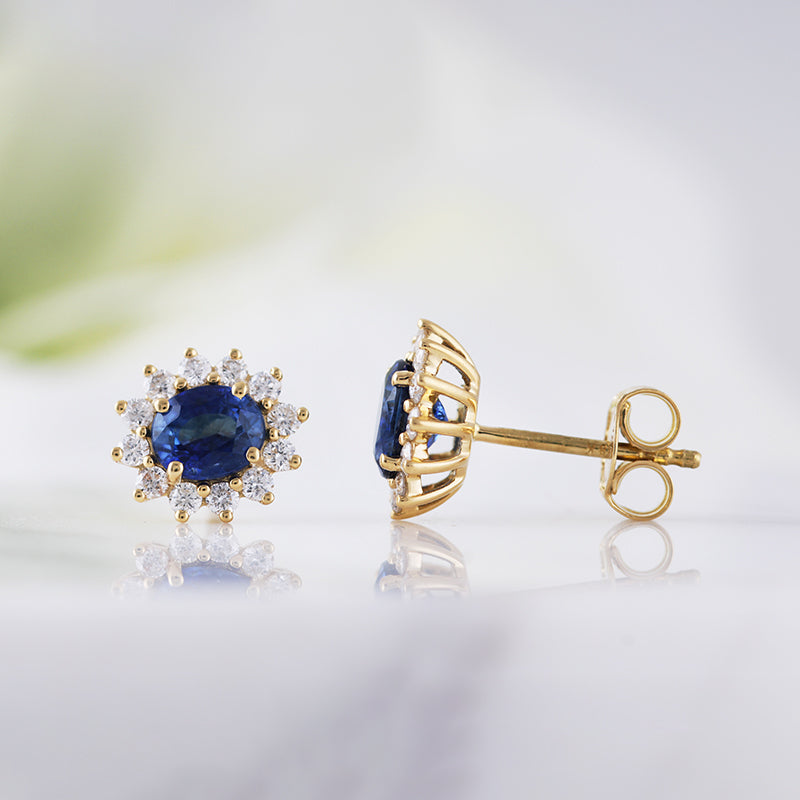 Oval Sapphire &amp; Diamond Cluster Stud Earrings