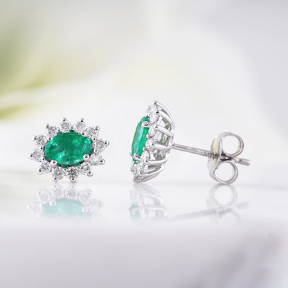 Oval Emerald &amp; Diamond Cluster Stud Earrings