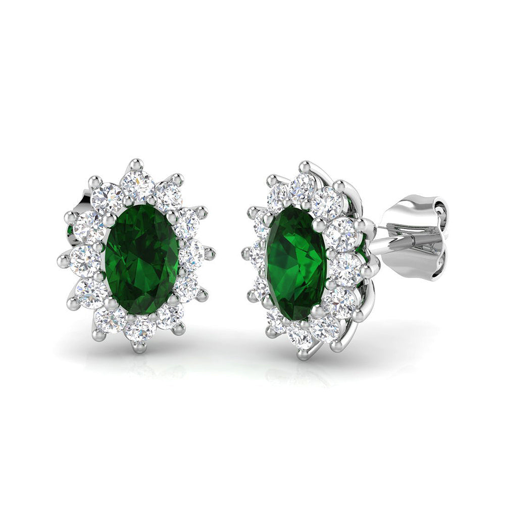 Oval Emerald &amp; Diamond Cluster Stud Earrings