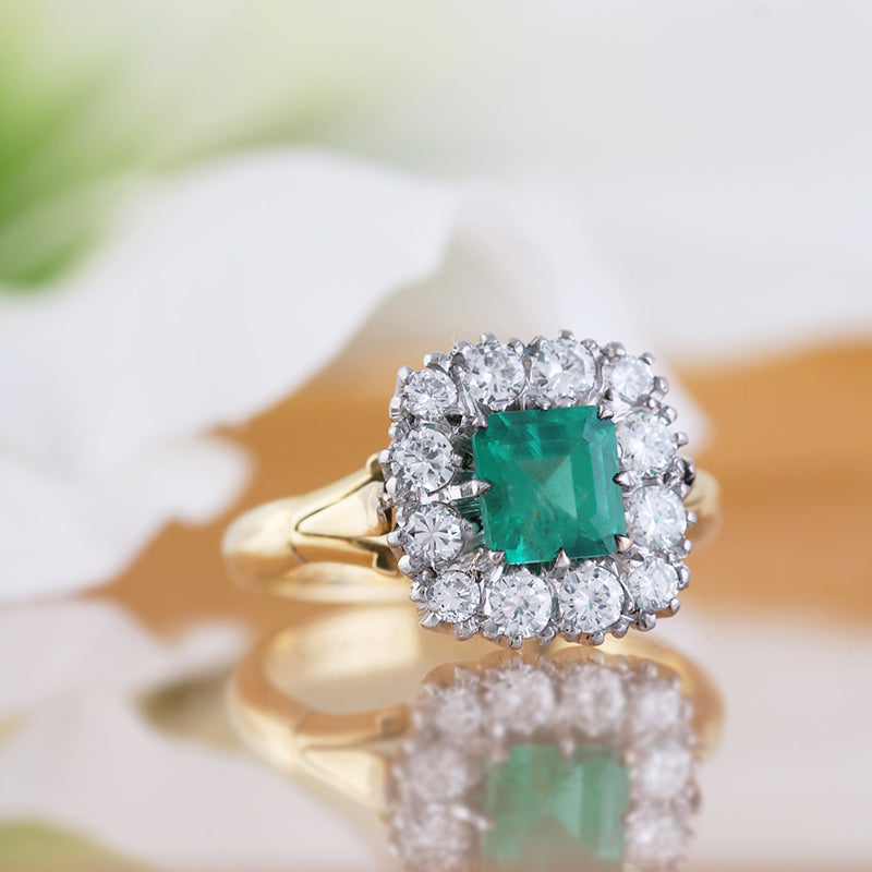 Circa 1910 Emerald &amp; Diamond Antique Cluster Ring